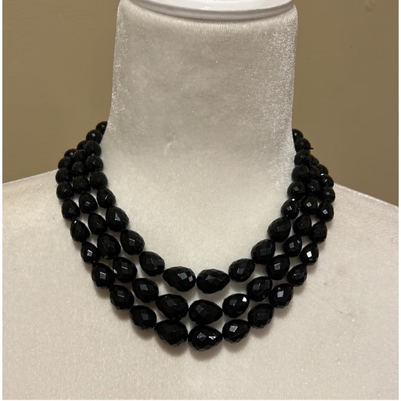 Vintage Germany Black 3 Strand Beaded Necklace. Choker & Matching Earrings set - Picture 8 of 16